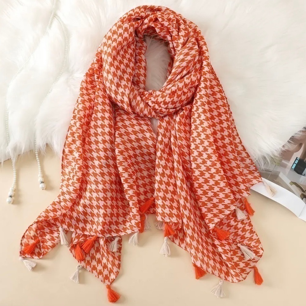 Luxury Tassel Viscose Lightweight Shawl Scarf Orange & White